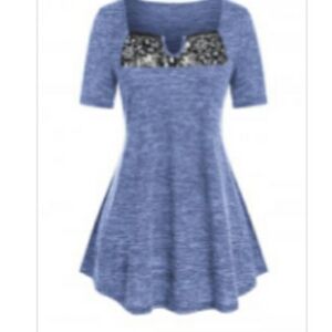 Everyday muted blue short sleeve top, sparkling lace front, size large